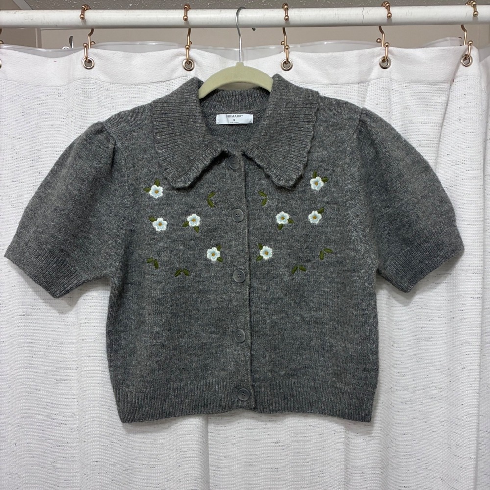 Women's Grey Floral Embroidered Cardigan Sweater Size S Coquette Wool Blend